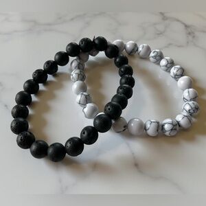 TWO Bead Bracelets Stackable Stretch Black Lava Rock & White Marble Design NWOT